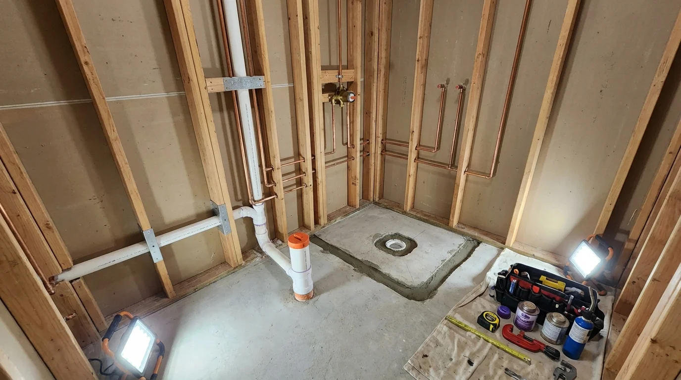 Bathroom rough-in plumbing during remodel by Johns Plumbing LLC in Santa Fe Springs