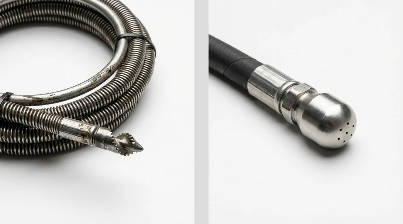 Drain snake cable and hydro jetting nozzle used for drain cleaning in Santa Fe Springs, CA
