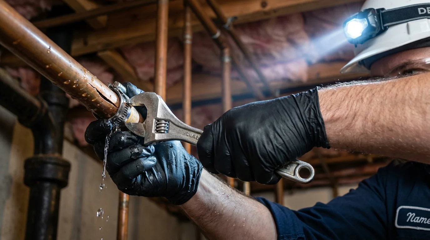 Emergency pipe clamp repair being performed by a Johns Plumbing LLC plumber in Santa Fe Springs