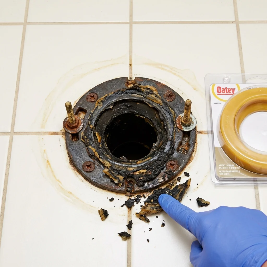 Failed wax ring showing water seepage at the base of a toilet in a Santa Fe Springs, CA home