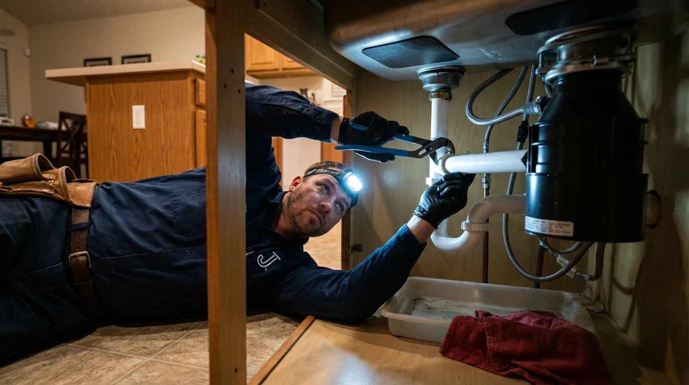P-trap and supply line connections under a kitchen sink showing a common leak point in Santa Fe Springs, CA